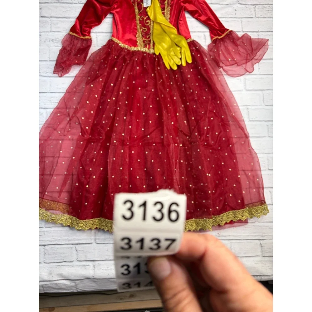 Disney Store Belle Winter Red Velvet Gold Lace Costume Dress Girls 7/8 Gloves